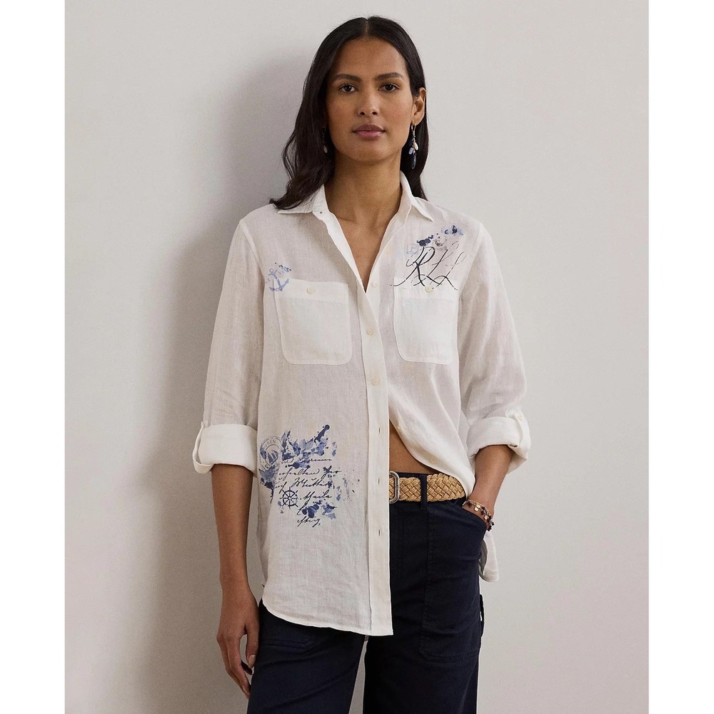 Lauren Ralph Lauren 100% Linen Nautical Graphic Button Down Shirt White XS NWT